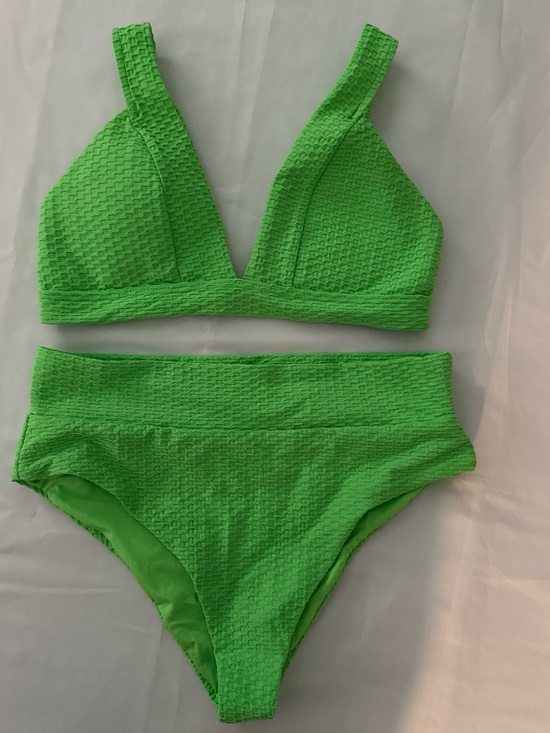 Infamous Swim Other - Infamous Swim Textured V-Neck High-Waist Bikini Set in Bright Green